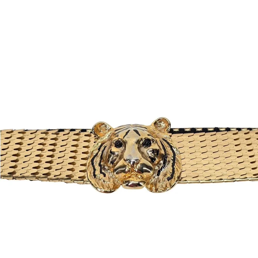 Vintage Tiger Belt Gold Tone Metal Accessory Accent Scale Stretch 90s Glam Retro